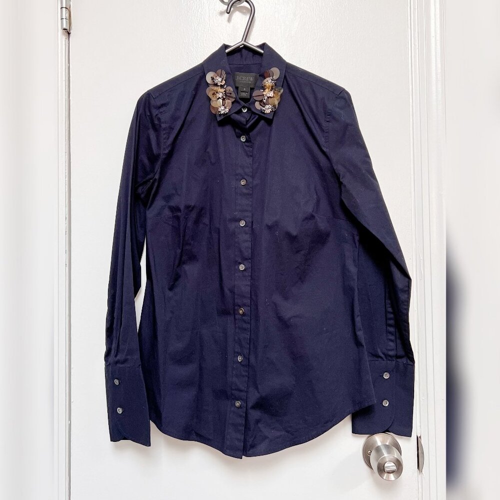 NWOT J.crew Collection Perfect Embellished Collar Shirt in Navy Size 0